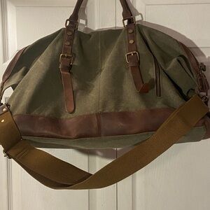 S-ZONE Duffle Green Canvas Brown Leather Trim  Carry on Weekender Travel Bag